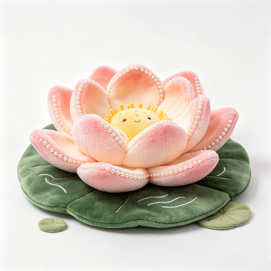 Pearl Border Pink Lotus Flower Plush Cushion With Lily Pad Base