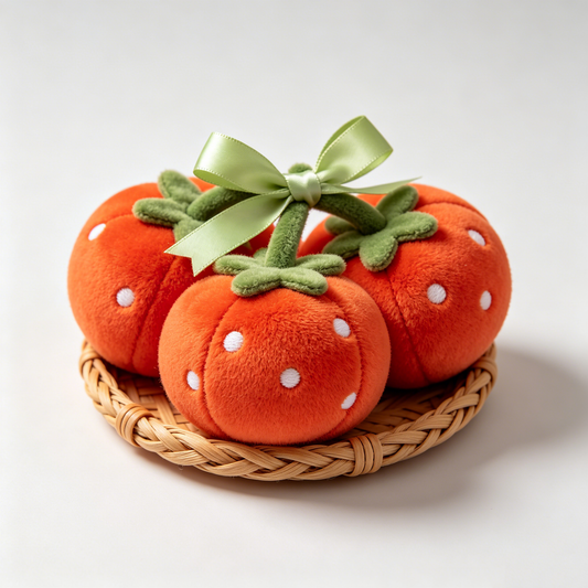 Polka Dot Orange Tomato Plush Set With Green Satin Bow