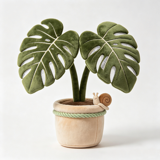 Green Monstera Potted Plant Plush With Tiny Snail Decor