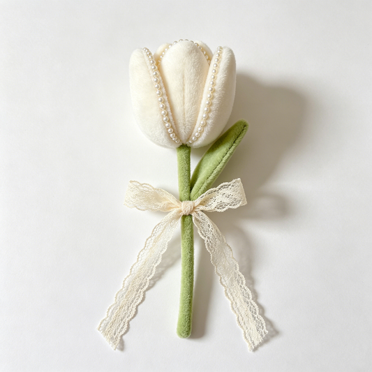 Cream Pearl Lace Ribbon Single Tulip Plush Flower
