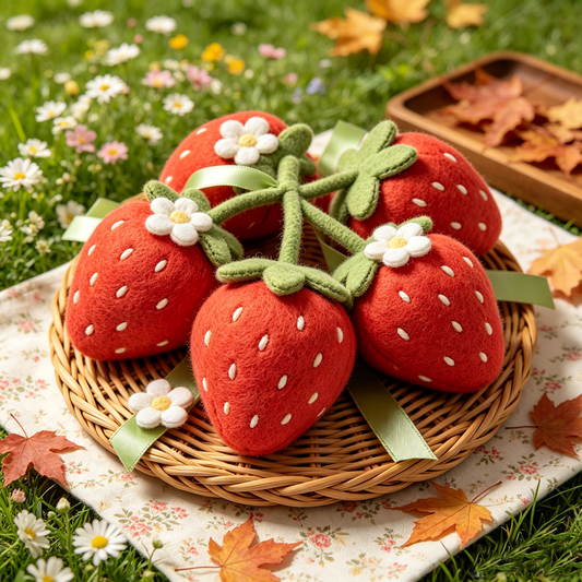 White Daisy Decor Red Strawberry Plush Bundle With Satin Ribbon