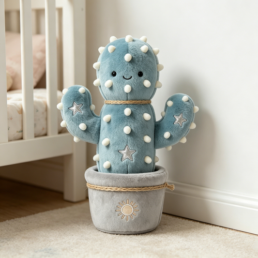 Light Blue Star Embroidery Potted Cactus Plush Decor