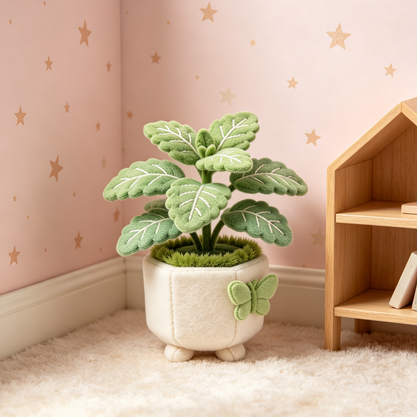 Mint Green Leaf Potted Felt Plant Plush With Butterfly Accent