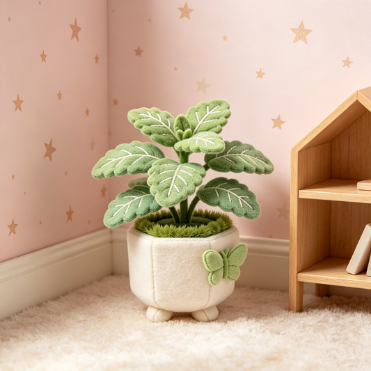 Mint Green Leaf Potted Felt Plant Plush With Butterfly Accent