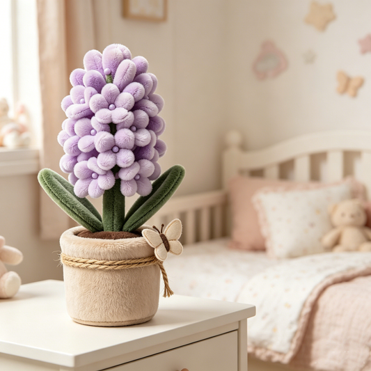 Pastel Purple Hyacinth Potted Plush With Linen Butterfly