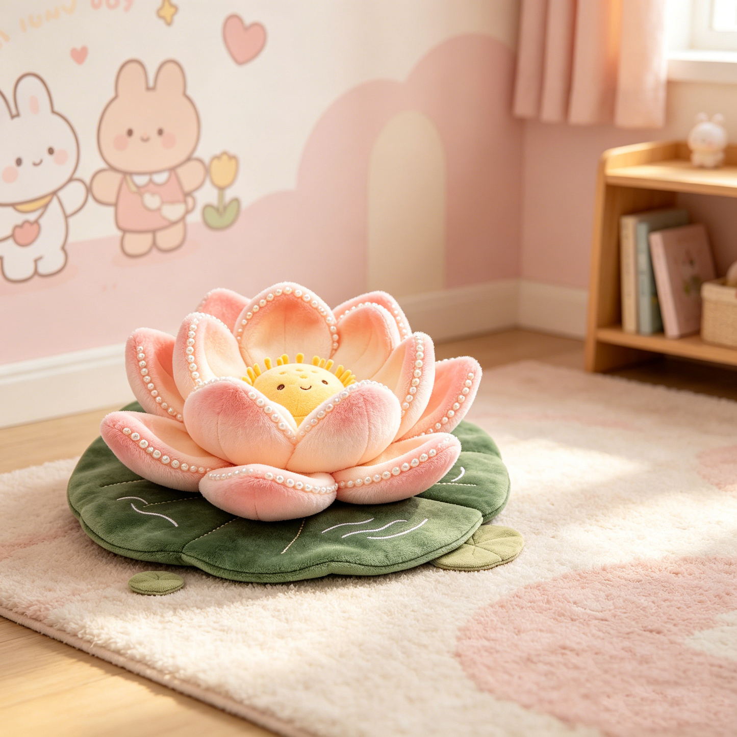 Pearl Border Pink Lotus Flower Plush Cushion With Lily Pad Base