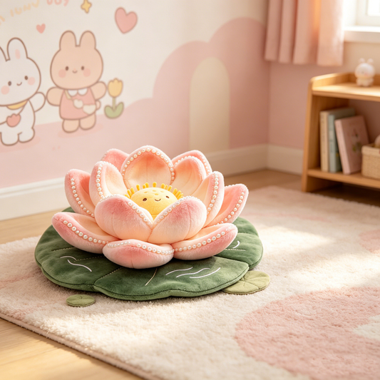 Pearl Border Pink Lotus Flower Plush Cushion With Lily Pad Base