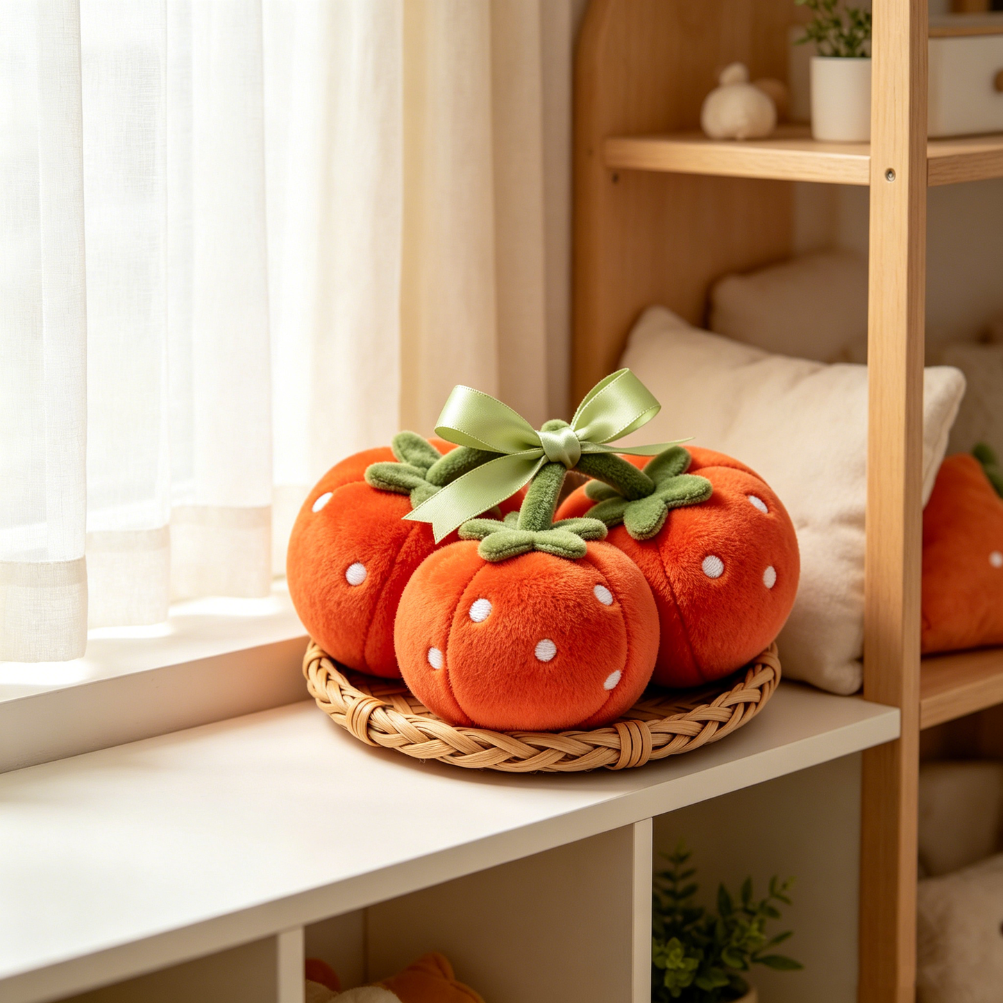 Polka Dot Orange Tomato Plush Set With Green Satin Bow