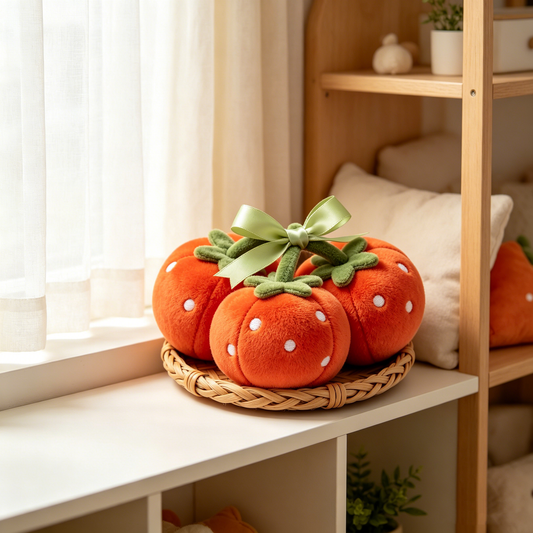 Polka Dot Orange Tomato Plush Set With Green Satin Bow