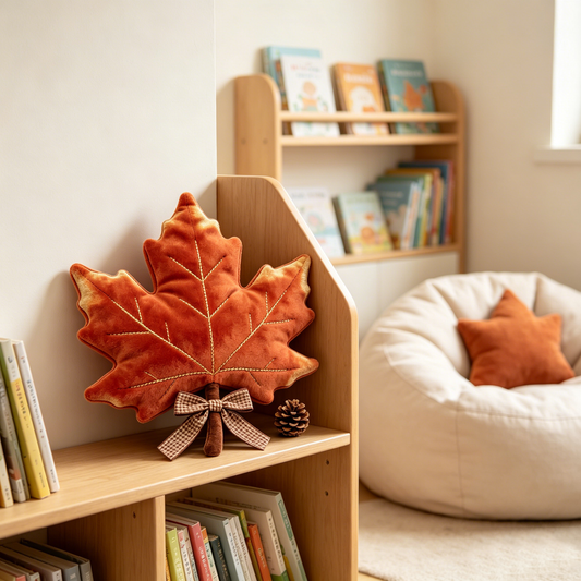 Autumn Maple Leaf Plush Pillow With Gingham Bow & Pinecone