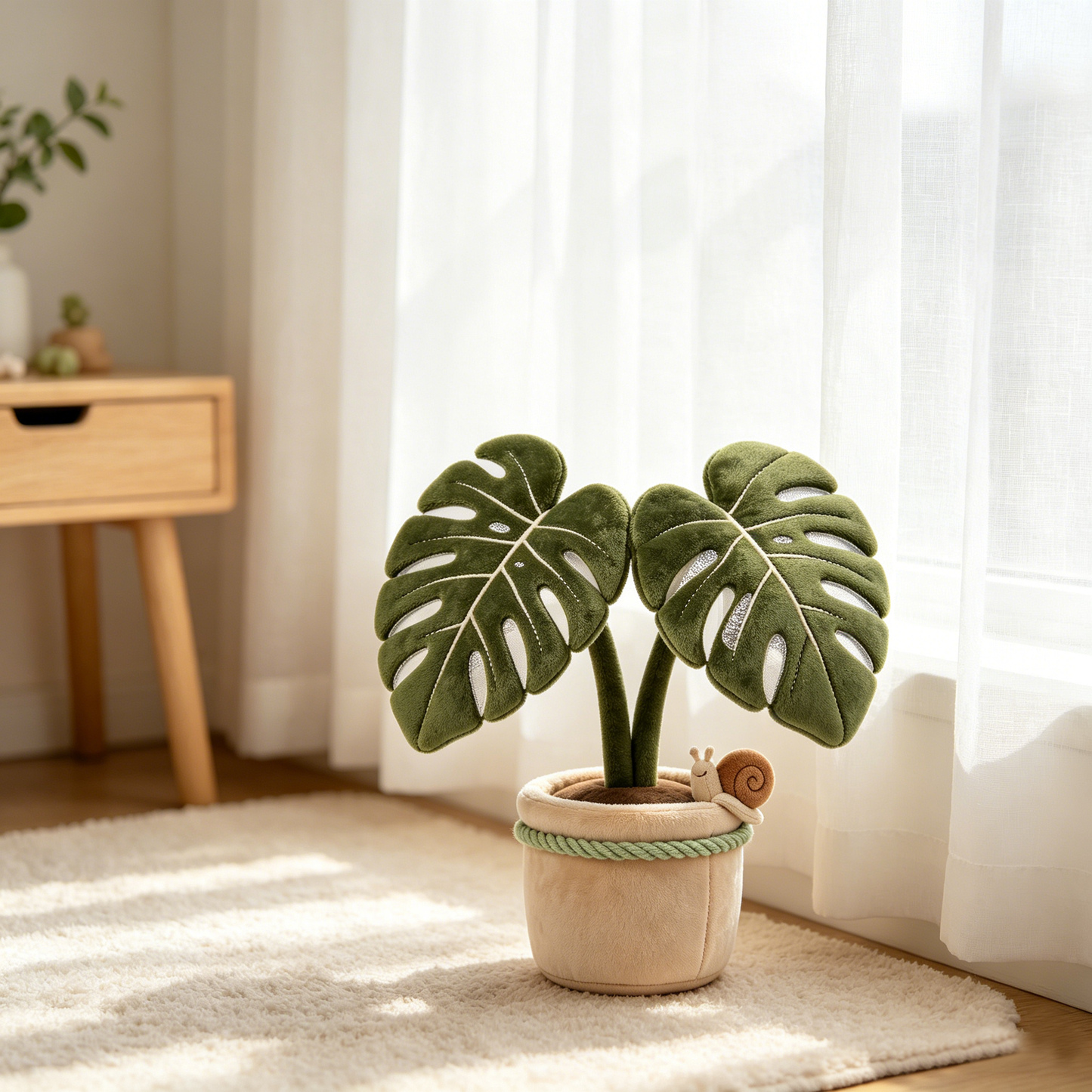 Green Monstera Potted Plant Plush With Tiny Snail Decor