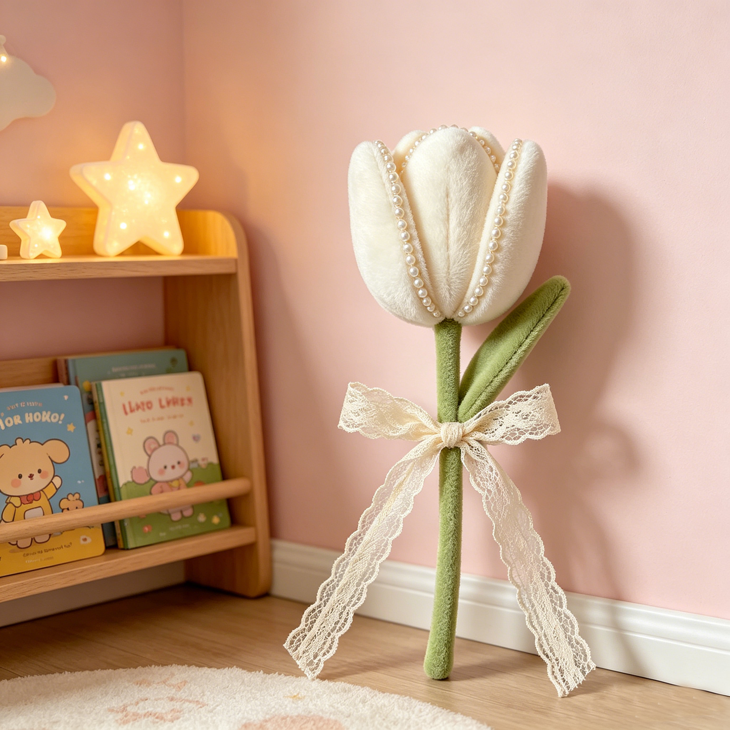 Cream Pearl Lace Ribbon Single Tulip Plush Flower
