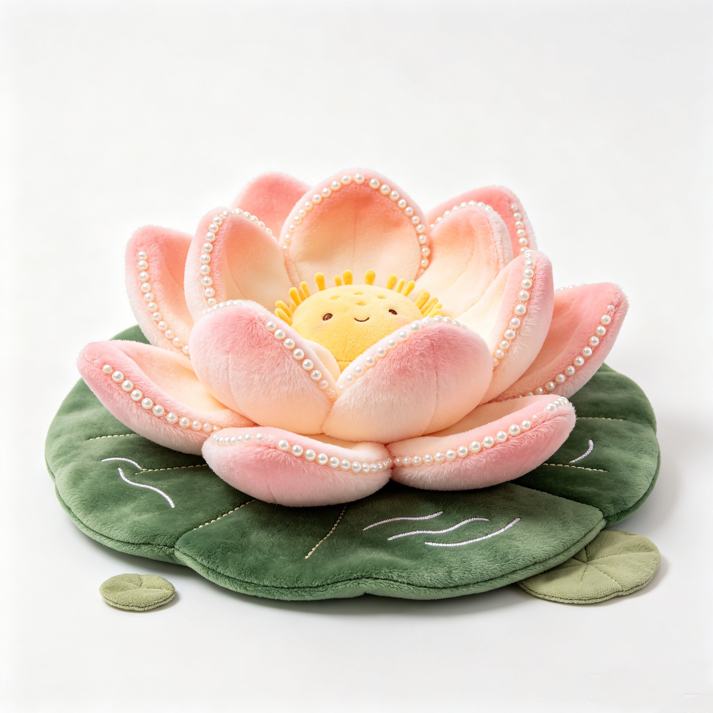Pearl Border Pink Lotus Flower Plush Cushion With Lily Pad Base