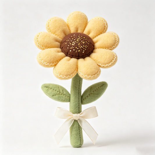 Cream Lace Trim Yellow Sunflower Single Stem Plush