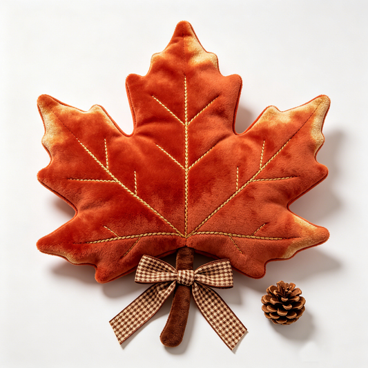 Autumn Maple Leaf Plush Pillow With Gingham Bow & Pinecone